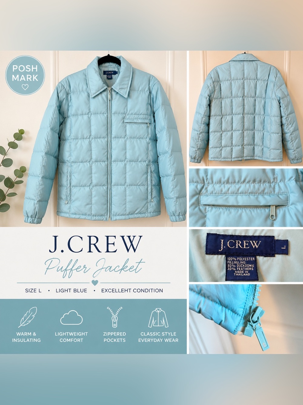 J. Crew Light Blue Quilted Puffer Jacket
